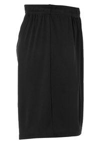 Zwarte sportshorts van lichtgewicht stof, met een elastische tailleband en een gladde textuur. De zijnaad is eenvoudig zonder extra details.