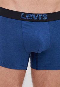 Plave pamučne bokserske gaće s teksturiranim materijalom, s crnim pojasom na kojem je plavi logo "LEVI'S". Standardni kroj s detaljima šavova.