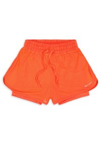 Bañador naranja brillante hecho de una tela ligera, con una cinturilla elástica y cordón de ajuste, y un dobladillo curvado. Detalle del logo en la parte inferior.