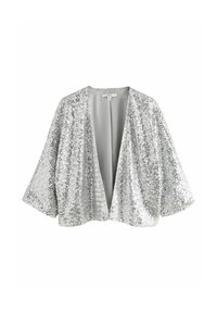 Zilverkleurig paillettenjack met open voorkant en brede mouwen, voorzien van een gladde voering en een ontspannen silhouet. Geen sluitingen aanwezig.