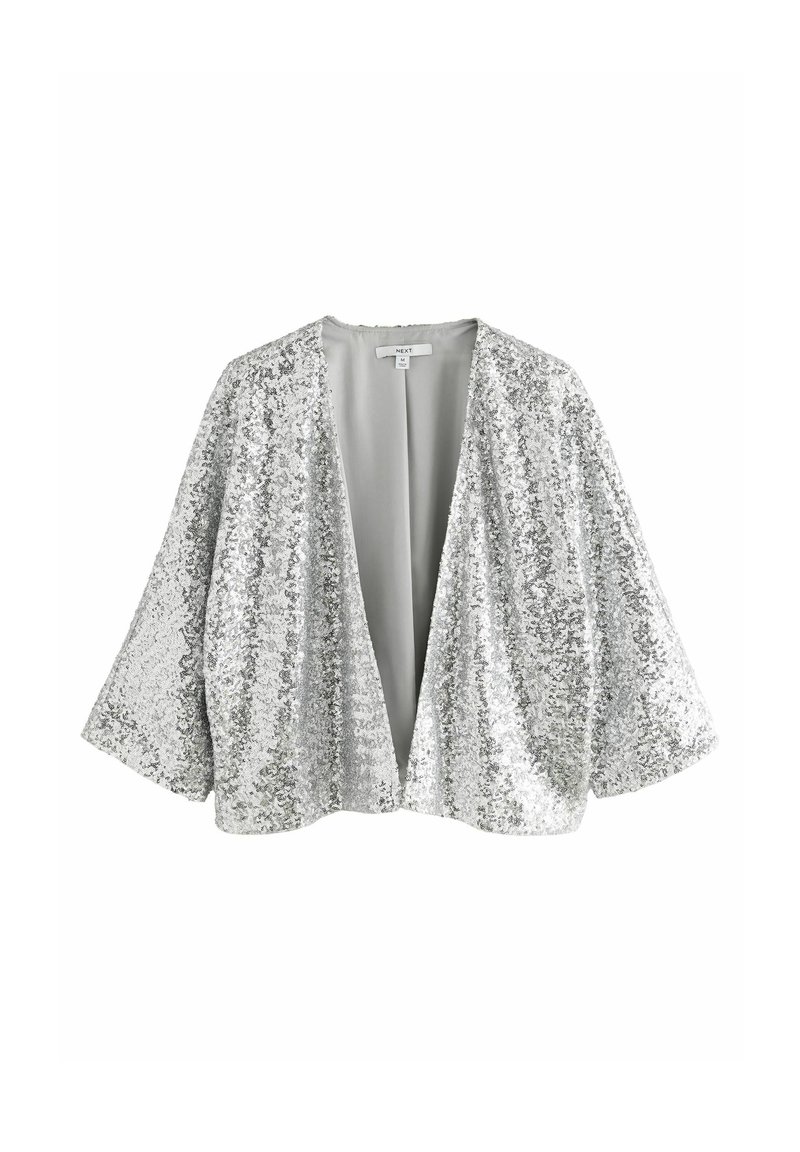 Zilverkleurig paillettenjack met open voorkant en brede mouwen, voorzien van een gladde voering en een ontspannen silhouet. Geen sluitingen aanwezig.