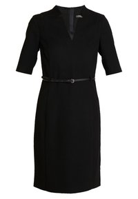 Schwarzes knielanges Kleid mit kurzen Ärmeln, V-Ausschnitt und einem schmalen schwarzen Gürtel in der Taille.