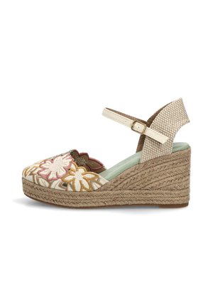 Sandalia de cuña estilo alpargata con bordado floral beige, tira en el tobillo con hebilla y plataforma de yute trenzado.