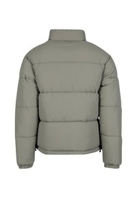 Lys grå pufferjakke med høy krage, quiltet design og elastiske mansjetter for en tettsittende passform. Glatt tekstur, enkel og moderne silhuett.