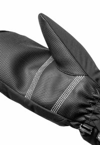 Black glove featuring textured, perforated material, with a thumb design, white stitching accents, and an adjustable wrist cuff.