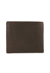 Billetera de cuero marrón con una textura suave, forma rectangular y costuras contrastantes a lo largo de los bordes. Sin patrones visibles ni herrajes.