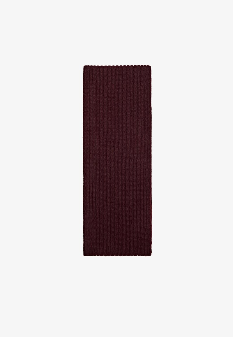 Bordeaux strikket tørklæde med ribbet tekstur, rektangulær form og afsluttede kanter. Egnet til at bære i koldt vejr.