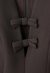 Vestido marrón con un cierre de cremallera y dos lazos de tela situados en el escote. Textura suave con un diseño entallado.