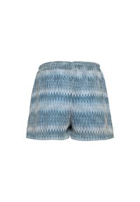 Pantaloni corti leggeri realizzati in tessuto estampato con un design a zigzag nei toni del blu e del grigio, dotati di una vita elastica.