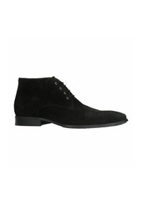 Bottines en suede noir avec une finition lisse, présentant un design à lacets et un petit talon empilé. La semelle est texturée pour une meilleure adhérence.
