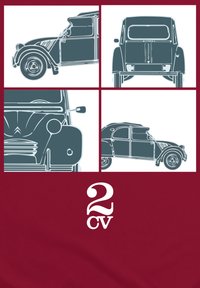 Illustration af en Citroën 2CV i fire paneler, der viser et vintage design med afrundede former, grå kontur og maroon baggrund.