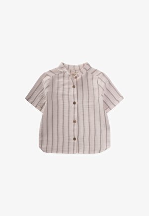Short-sleeve shirt in light beige with thin vertical stripes. Features a collar, button closure, and soft, textured fabric.