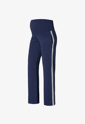 Granatowe spodnie ciążowe z miękkiego materiału z szerokim elastycznym pasem. Posiadają białe boczne paski i dwie boczne kieszenie. Prosty krój nogawek.