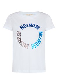 Vit bomullströja med rund grafisk text "MOSMOSH" i olika färger: mörkblå, ljusblå och silver. Kort ärm och krage design.