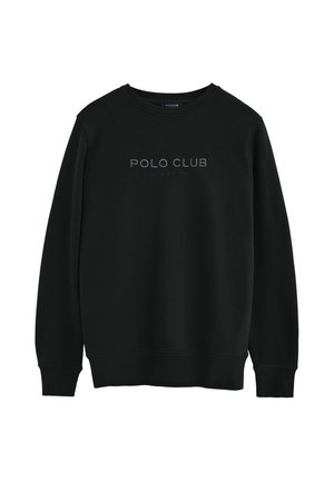 Sudadera negra de manga larga con cuello redondo y logotipo de texto "POLO CLUB" en gris centrado en el pecho.