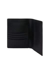 Portofel din piele neagră cu suprafață texturată, având patru sloturi pentru carduri pe partea stângă și o buzunare plat pe partea dreaptă. Design minimalist.