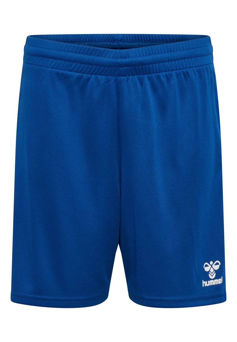 Pantalones cortos deportivos azules hechos de una tela suave con una cinturilla elástica. Presenta un logo blanco en la parte inferior derecha. Diseño simple.
