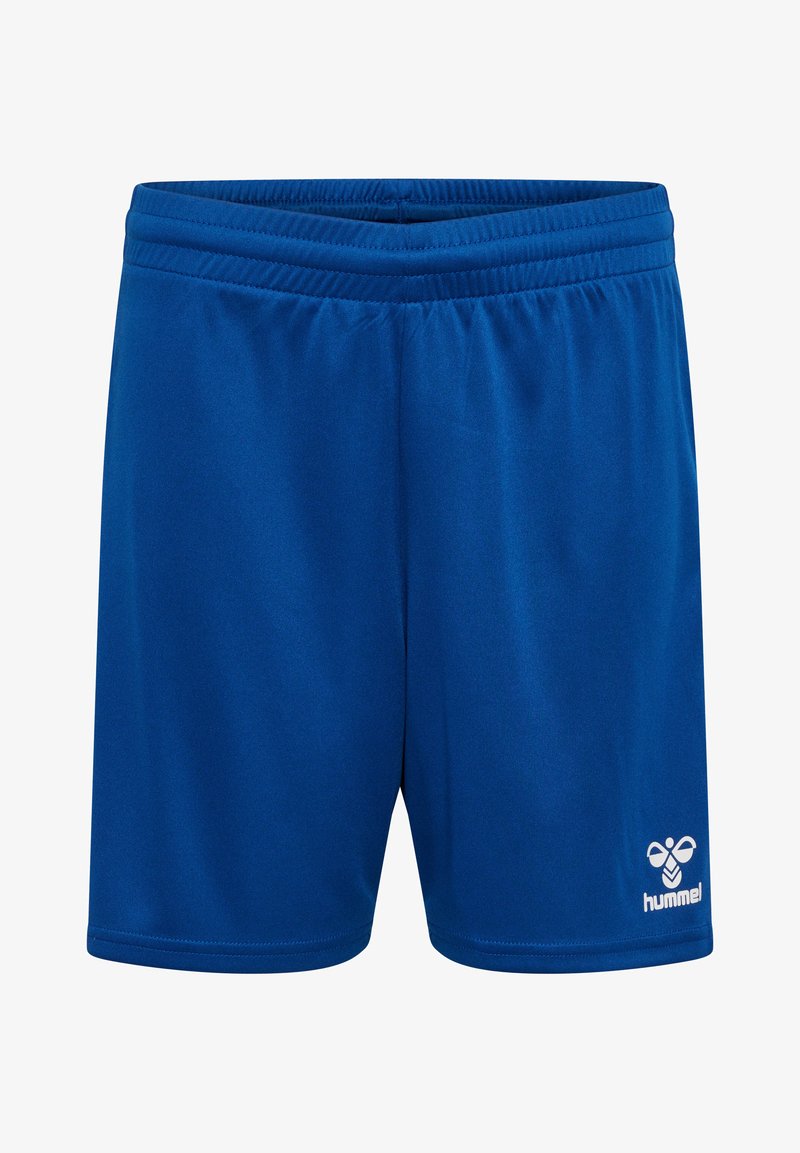Pantalones cortos deportivos azules hechos de una tela suave con una cinturilla elástica. Presenta un logo blanco en la parte inferior derecha. Diseño simple.