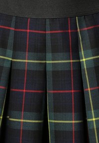 Falda de cuadros con pliegues y cinturilla elástica negra. Presenta líneas en azul oscuro, verde, rojo y amarillo en un patrón tartán. Textura suave.