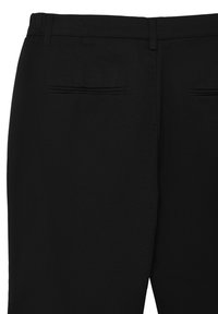 Schwarze Anzughosen aus glattem, strukturiertem Stoff. Sie verfügen über zwei Gesäßtaschen mit dezenten Nähten und einem normalen Taillenschnitt.