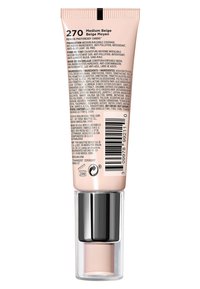 Revlon Photoready Candid foundationrör, beige färg, 30 ml, med en matt finish och silverdetaljer. Ingredienserna listade på baksidan.