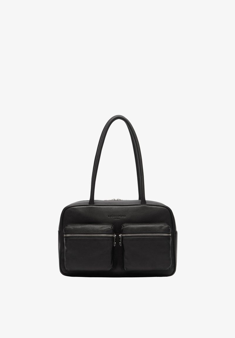 Czarna skórzana torebka na ramię z dwoma przednimi zamkami, podwójnymi uchwytami, prostokątnym kształtem i gładką fakturą. Posiada wytłoczone logo marki.