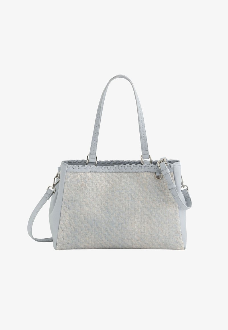 Lichtblauwe handtas met geweven textuur aan de voorkant, een gladleren lichaam, een gevlochten detail aan de bovenkant, twee schouderriemen en een verstelbare crossbodyriem.