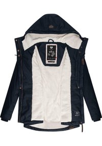 Veste marine avec une douce doublure en polaire blanche, des fermetures éclair et à boutons-pression, une capuche et une étiquette affichant des graphiques floraux.