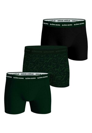 Drei Paar Herrenboxershorts in Dunkelgrün und Schwarz mit einem elastischen Taillenbund mit Logo. Ein Paar hat ein Blattmuster.