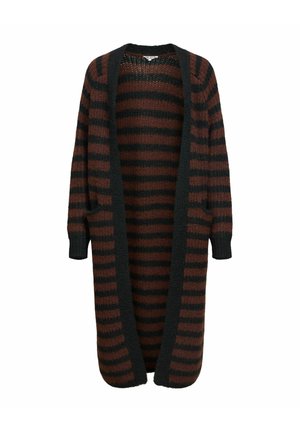 Lange cardigan met donkergroene en roestkleurige horizontale strepen, open voorkant, geribbelde manchetten en twee zakken aan de voorkant. Zachte, gebreide textuur.