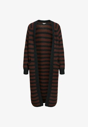 Long cardigan avec des rayures horizontales vert foncé et rouille, ouverture frontale, poignets côtelés et deux poches avant. Texture douce et tricotée.