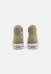 Un paio di sneakers alte beige Converse All Star viste da dietro su uno sfondo bianco.