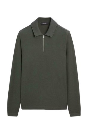 Langärmeliges Poloshirt in Dunkelgrün mit Reißverschluss am Kragen, gefertigt aus weichem Stoff. Verfügt über einen klassischen Kragen und gerippte Bündchen.