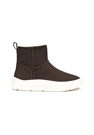 Brown ankle boots with a smooth texture, light-colored rubber sole, stitched accents, and a faux fur lining around the top edge.