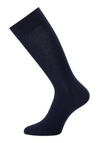 Marineblå knæhøje sokker lavet af glat stof med en ribbet manchette, der har et elegant design og en sømløs tå for komfort.