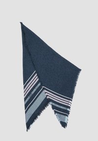 Navy scarf with a textured pattern, featuring fringed edges and striped sections in pink and light blue with "DARE TO BE DIFFERENT" text.