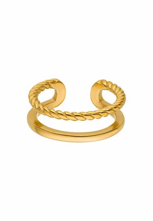 Bague en or avec un design de corde torsadée à une extrémité et un bandeau lisse. La finition est brillante avec une texture polie.