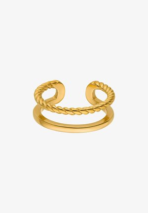 Goldring mit einem verdrehten Seil-Design an einem Ende und einem glatten Band. Die Oberfläche ist glänzend und hat eine polierte Textur.