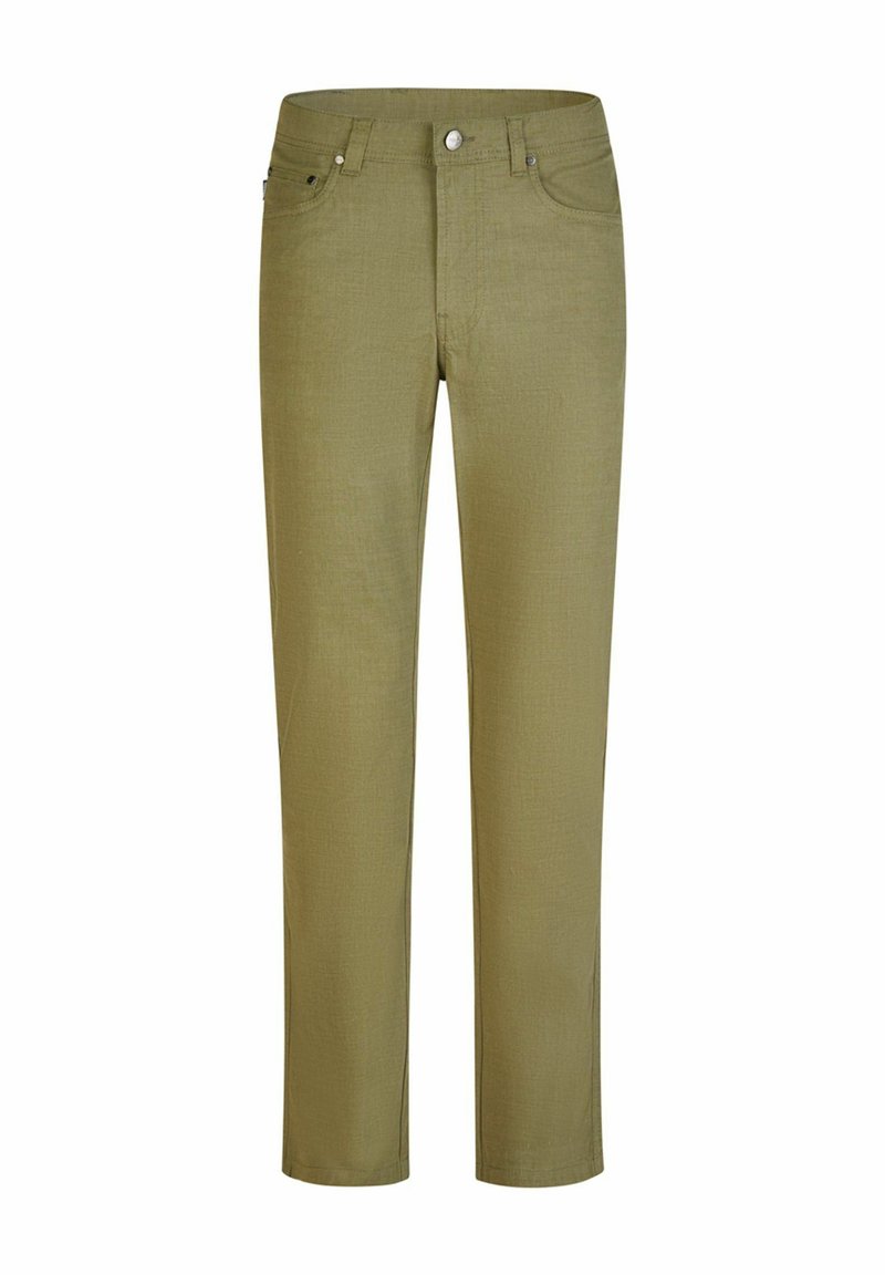 Olivenfarvede bukser med lige ben, lavet af et tekstureret stof, med knaplukning foran og bæltestropper.