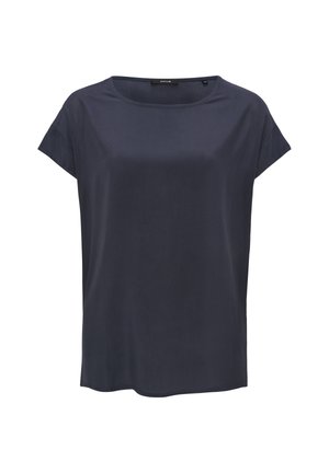Marineblaues kurzärmliges Blusenshirt aus glattem Material, mit einem runden Ausschnitt und einer lockeren Passform, die einen leicht geschwungenen Saum aufweist.