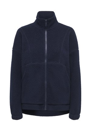 Veste polaire bleu marine zippée intégralement, col montant et manches longues, avec un tissu doux et texturé et un ourlet droit.