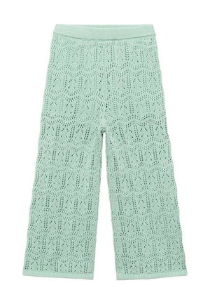 Pantalon large en maille vert clair avec un motif ajouré en dentelle et une taille élastique, posé à plat sur un fond blanc.