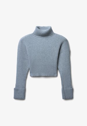 Maglione a collo alto cropped di colore azzurro chiaro, realizzato in tessuto a coste, con maniche lunghe e polsini arrotolati. Presenta un aspetto testurizzato e accogliente.