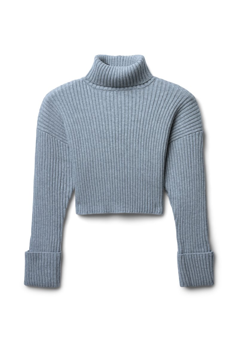 Hellblaues, kurzgeschnittenes Rollkragensweatshirt aus geripptem Stoff mit langen Ärmeln und umgeschlagenen Manschetten. Verfügt über ein strukturiertes, gemütliches Erscheinungsbild.