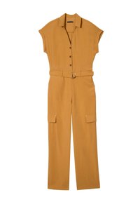 Jumpsuit in mosterdgeel, met korte mouwen, een kraag, sluiting met knopen aan de voorkant, een tailleband met een ronde gesp en zijzakken.