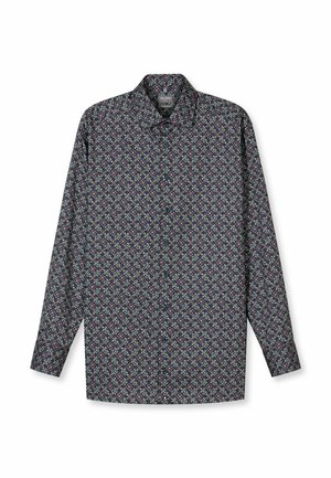 Langärmeliges Hemd mit marineblauem Hintergrund, das ein wiederholendes Blumenmuster in Creme, Burgunderrot und Grün zeigt. Mit Kragen und Standardpassform.