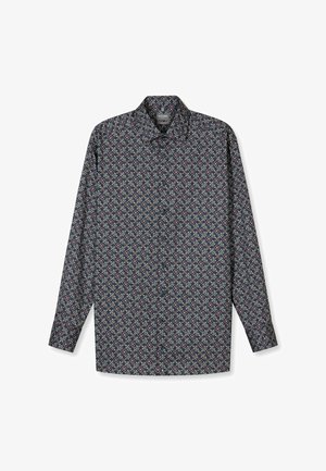 Langärmeliges Hemd mit marineblauem Hintergrund, das ein wiederholendes Blumenmuster in Creme, Burgunderrot und Grün zeigt. Mit Kragen und Standardpassform.