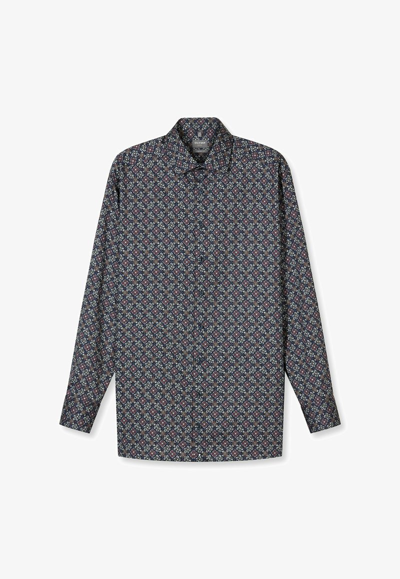 Langärmeliges Hemd mit marineblauem Hintergrund, das ein wiederholendes Blumenmuster in Creme, Burgunderrot und Grün zeigt. Mit Kragen und Standardpassform.