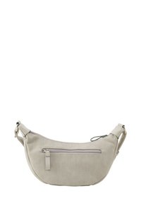 Beige Kordurabeutel mit geschwungener Form, ausgestattet mit einer Vorderreißverschlusstasche, verstellbarem Tragegurt und glatter Reißverschlussdetail.