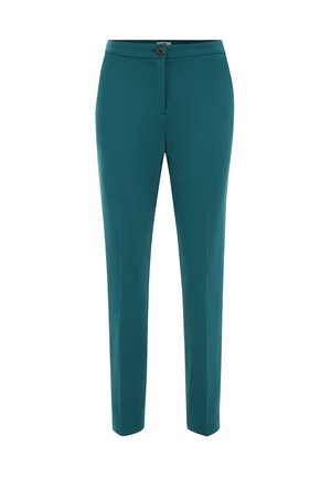 Pantalon sarcelle avec une coupe ajustée, doté d'une braguette à glissière et d'une fermeture bouton, d'une texture lisse et d'une coupe droite.